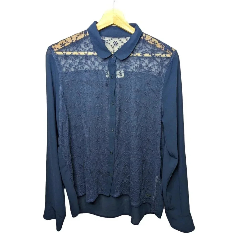 Abercrombie & Fitch Womens Navy Blue Sheer Lace Button Up Shirt Blouse Size M - Picture 2 of 15